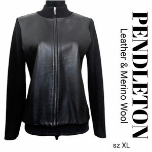 Pendleton Black Leather & Merino Wool Zip Up Jacket sz XL